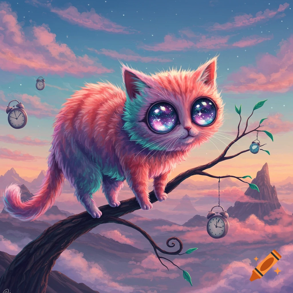 A fluffy, brightly colored cat with huge, galaxy-filled eyes perches on a tree branch, surrounded by floating alarm clocks in a dreamy pink and purple sky.