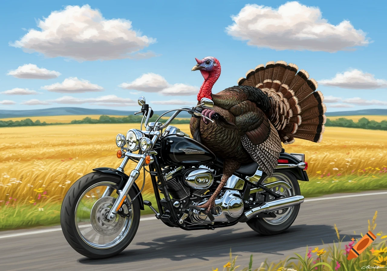 An illustration of a turkey riding a black Harley-Davidson motorcycle on a country road with golden fields under a blue sky.