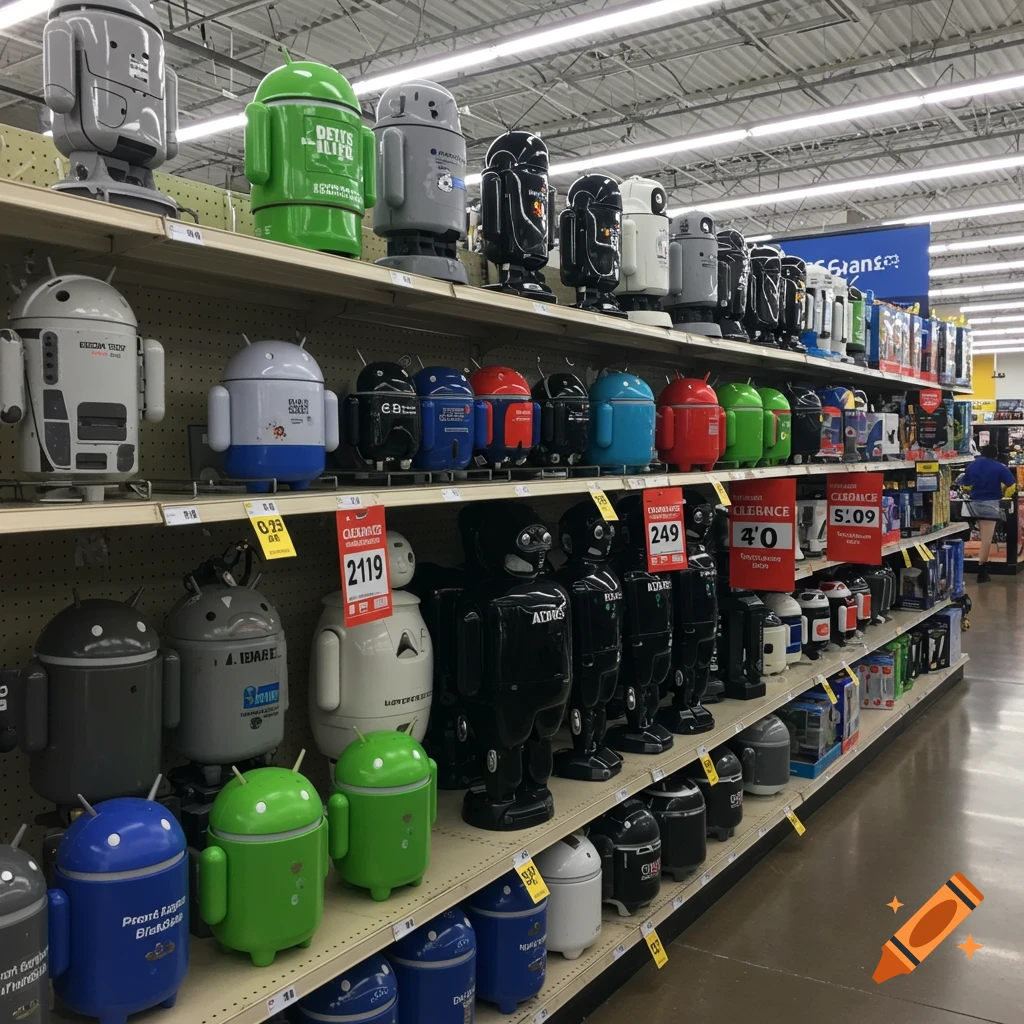 A store aisle with shelves full of various colored Android robot figurines on clearance sale, with prices visible.