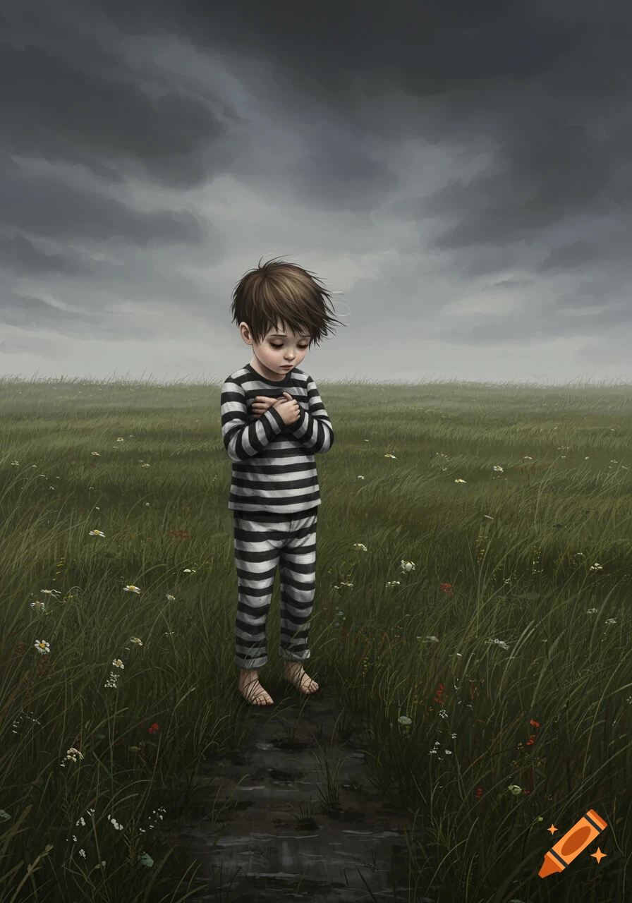A stylized illustration of a somber young boy in striped pajamas standing barefoot in a grassy field under a dark, cloudy sky.