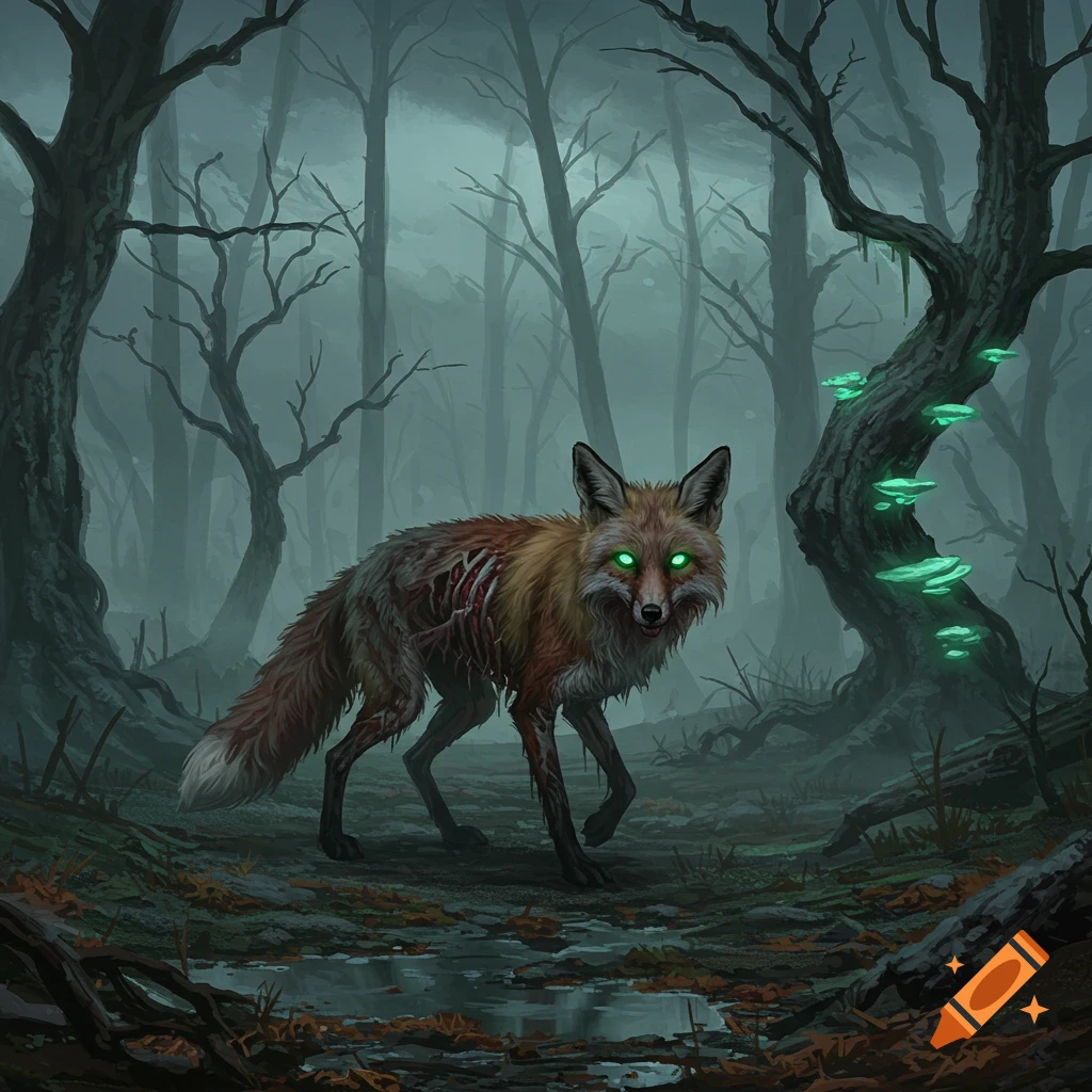 A zombie fox with glowing green eyes and exposed ribs walks through a dark, misty forest with glowing mushrooms.