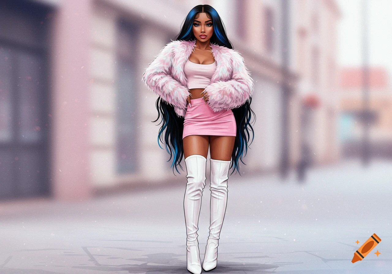 Stylish girl with black and blue hair, pink faux fur jacket, mini skirt, and white high boots, in modern digital art.