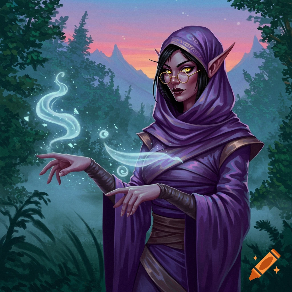 A female elf wizardess in purple robes and glasses casts magic with yellow cat-eyes, at sunset in a lush forest.