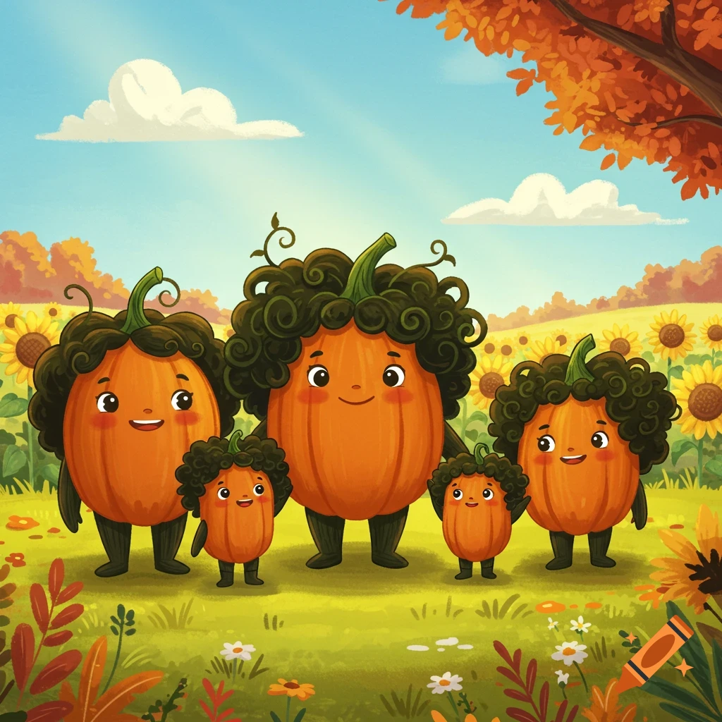A family of anthropomorphic pumpkins with vine-like hair stands in a sunny autumn field with sunflowers and trees in a children's book style.