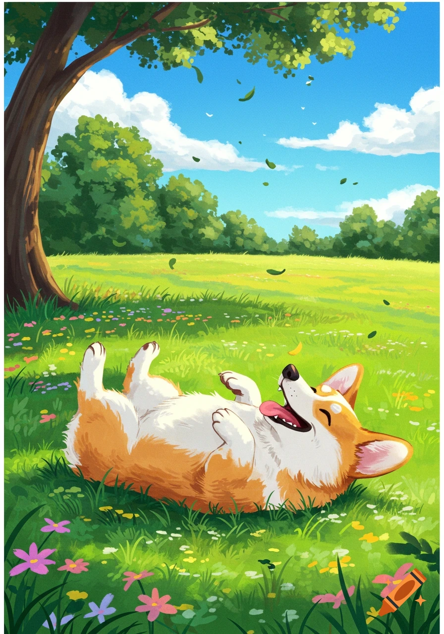 A happy, cartoon-style corgi dog lies on its back in a vibrant green meadow with colorful flowers, under a blue sky with a tree and falling leaves.