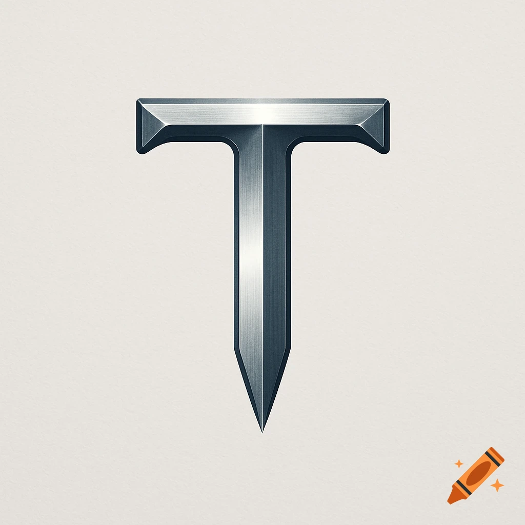 A metallic, brushed silver letter 'T' stylized as an upside-down sword, on a light off-white background.