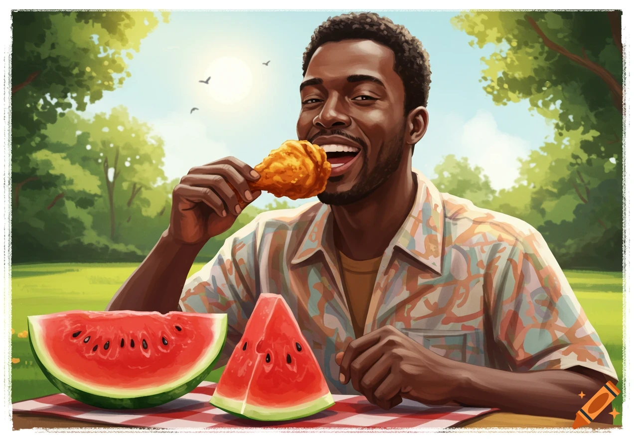 Illustrative image of a smiling Black man eating fried chicken at an outdoor picnic with watermelon slices on a checkered blanket.