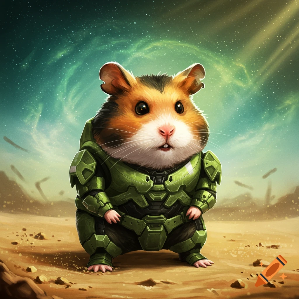 A cute hamster in green Master Chief armor stands on a desert planet under a cosmic sky.