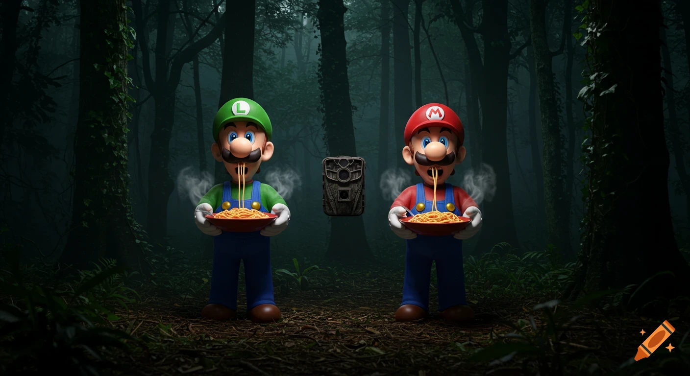 Photorealistic Mario and Luigi in a dark forest, creepily eating steaming spaghetti, with a trail camera in the center.