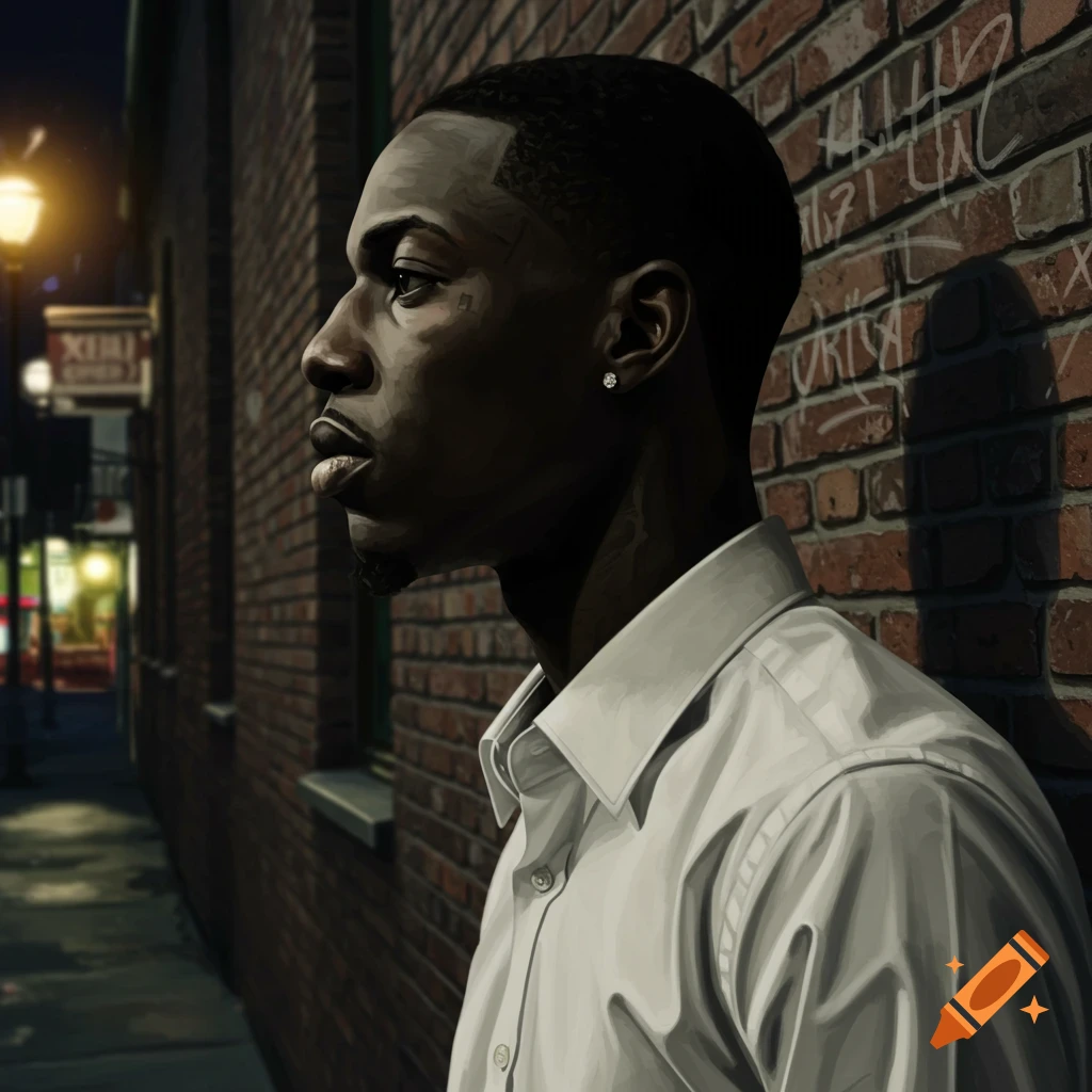A stylish man in a white shirt leans against a brick wall on a dark urban street at night, illuminated by a streetlamp.