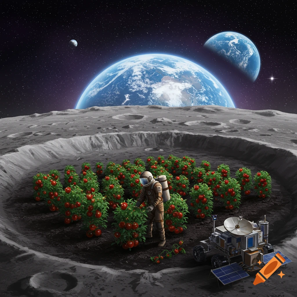 An astronaut tends a field of red tomato plants inside a moon crater, with Earth and another planet visible in the starry sky.