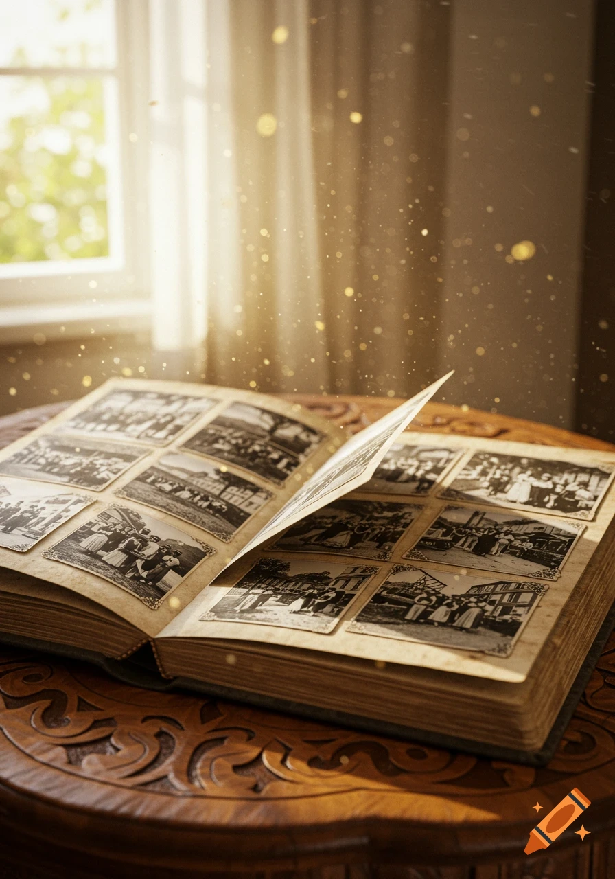 An open vintage photo album on a carved wooden table, illuminated by sunlight and sparkling golden dust.