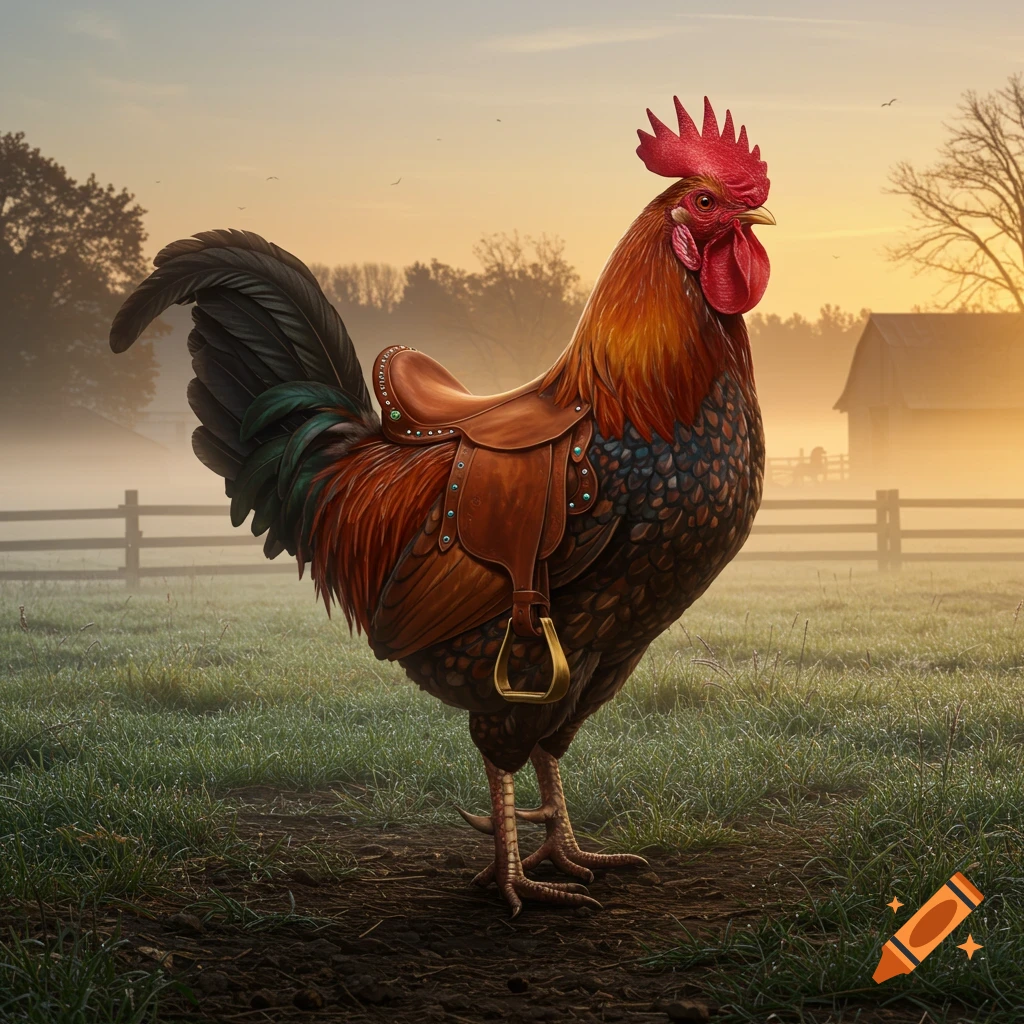 Photorealistic image of a rooster wearing a small leather saddle, standing in a misty farm field at sunrise with a barn in the background.