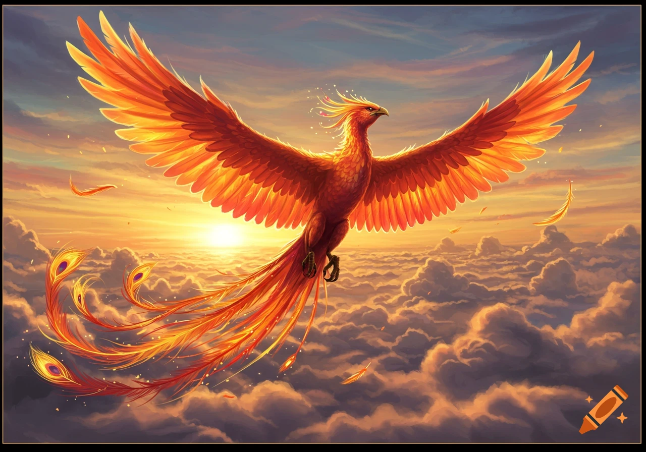 A majestic, fiery phoenix with outstretched wings flies above golden clouds during a vibrant sunset, feathers drifting.