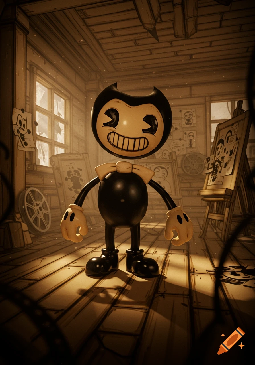 Bendy, a black and white cartoon character with a wide smile and bow tie, stands in a sepia-toned art studio.