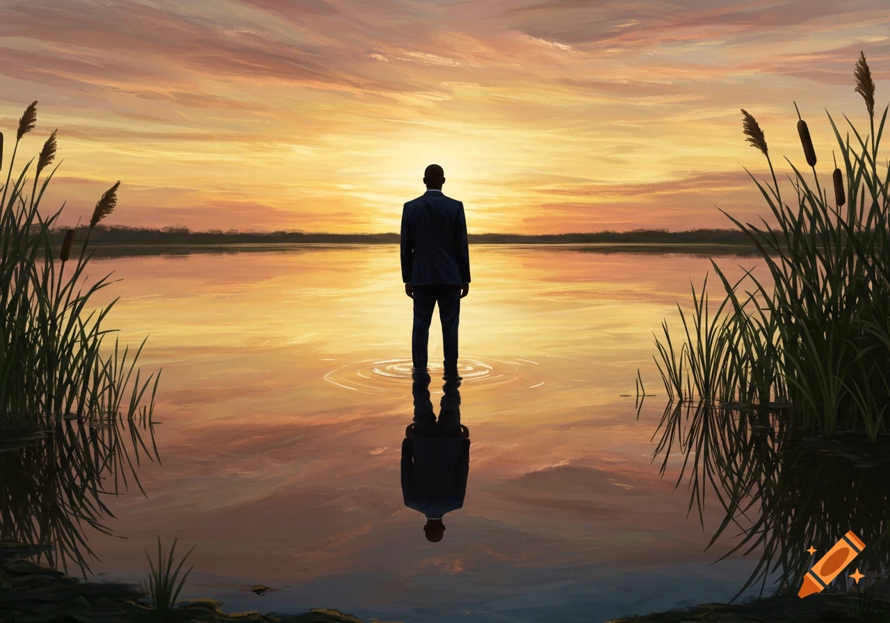 A man in a suit stands facing a brilliant orange sunset over a lake, with reeds on either side, in a painterly style.