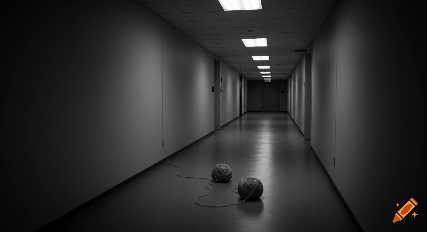 A long, dark grayscale hallway with overhead fluorescent lights. Two balls of yarn lie on the floor in the foreground, connected by a strand.