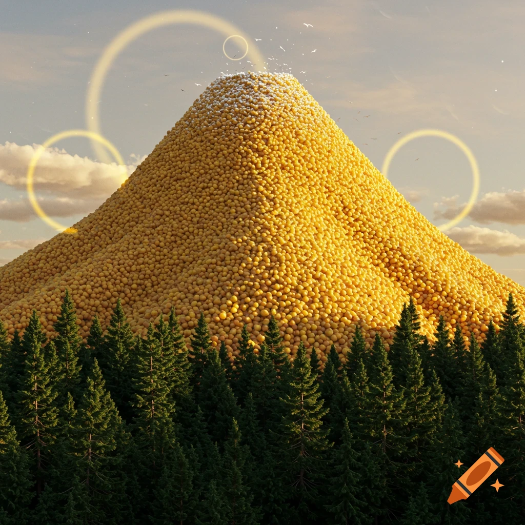 A surreal mountain made of yellow mustard seeds with a snowy peak, pine trees at its base, under a cloudy sky with glowing rings.