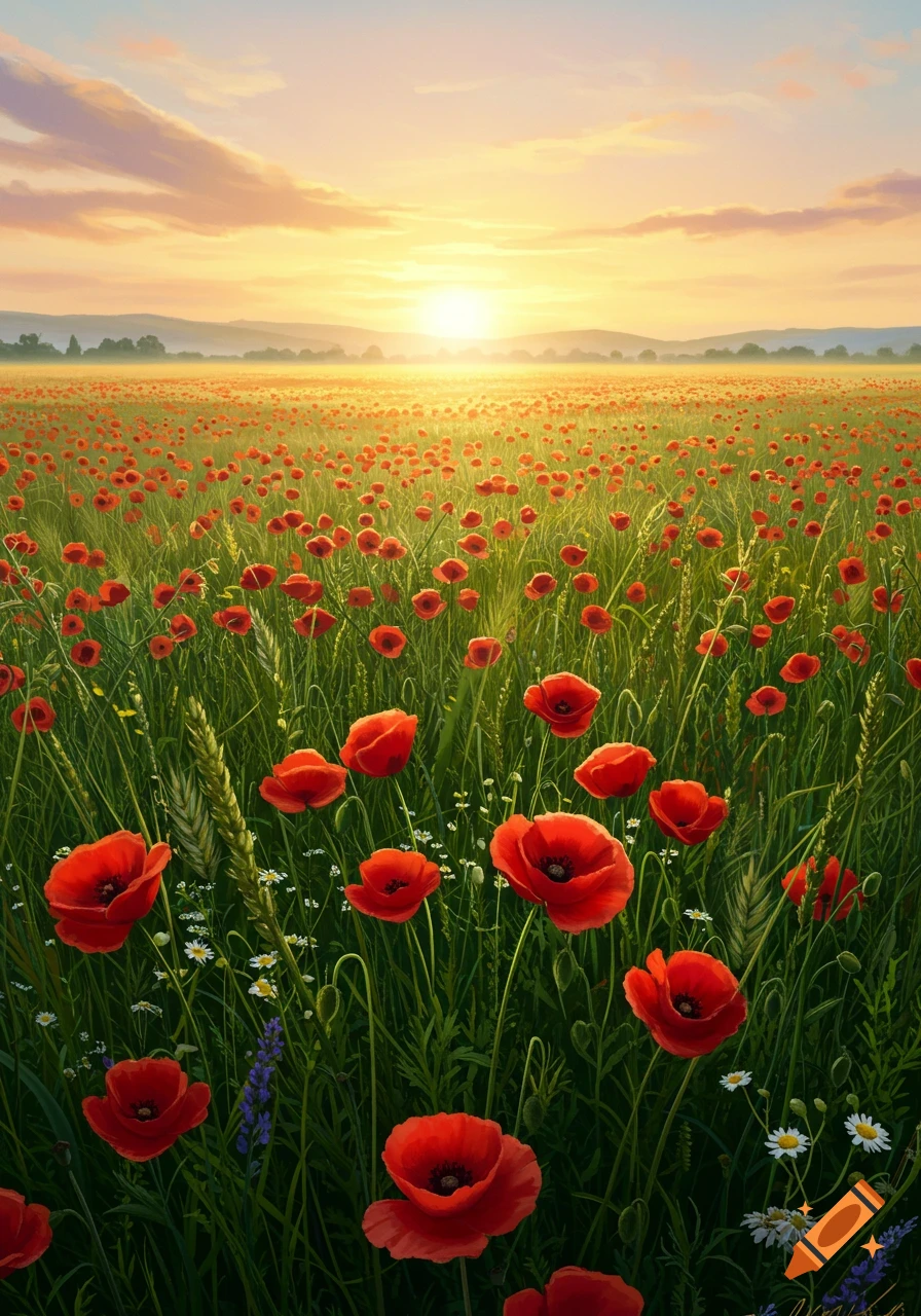 A vibrant field of red poppies stretches towards the horizon under a golden sunset sky.