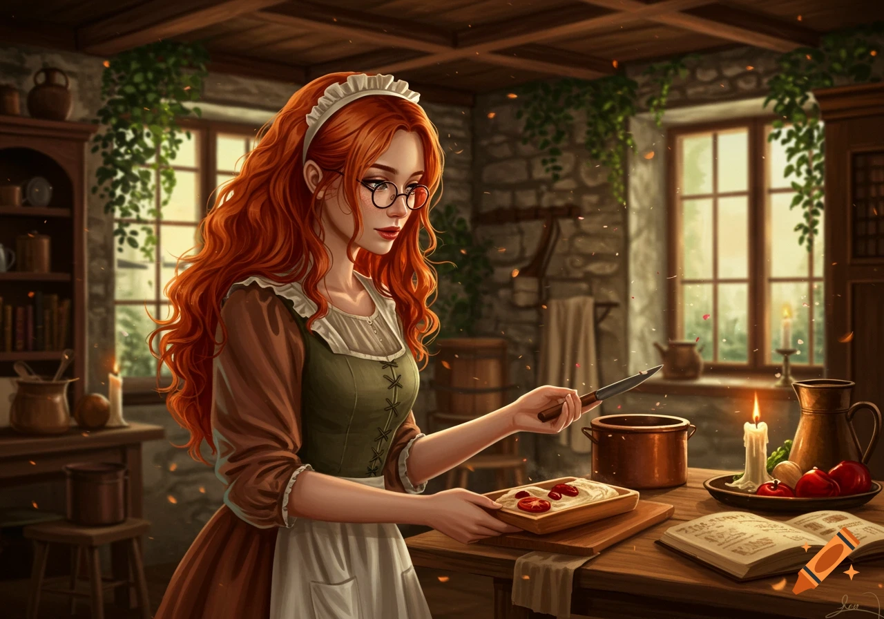 A red-haired woman in a historical servant dress and glasses holds a knife and food tray in a rustic kitchen with an open cookbook. Digital art.