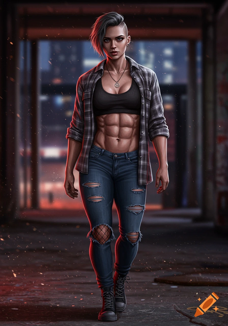 Digital art of a muscular woman with short hair, wearing an open plaid shirt, sports bra, ripped jeans with fishnets, and a pentacle necklace, standing in a dark urban alley.