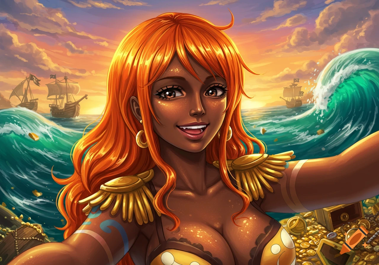 A dark-skinned woman with orange hair, cosplaying Nami, takes a selfie at sea with pirate ships, a wave, and treasure at sunset.