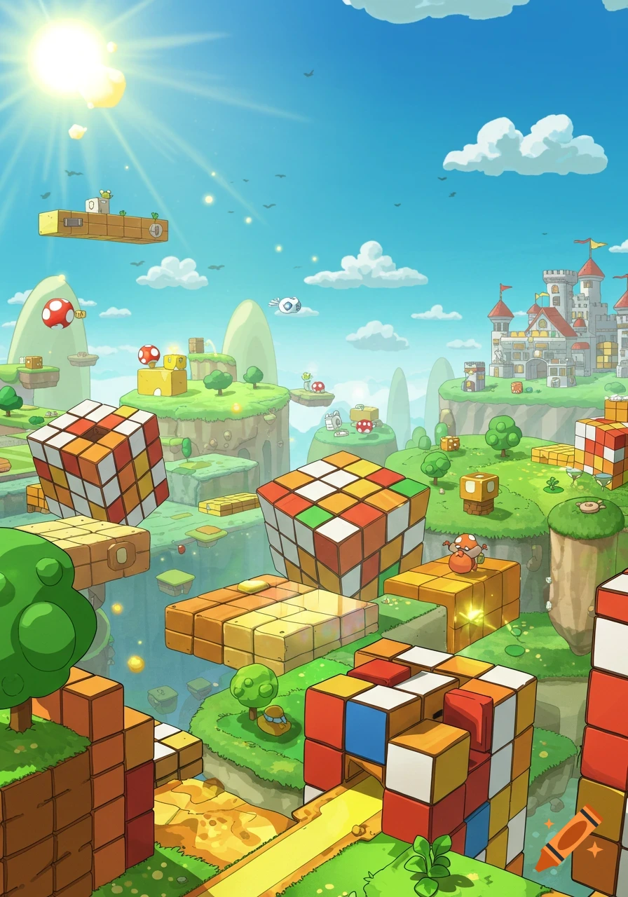 A vibrant, cartoon Super Mario-like landscape filled with floating islands, power-ups, a distant castle, and giant Rubik's cubes under a bright sun.