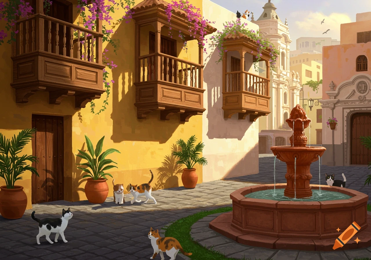 Illustration of cats in a colorful city square with a fountain, traditional balconies, and flowering plants.