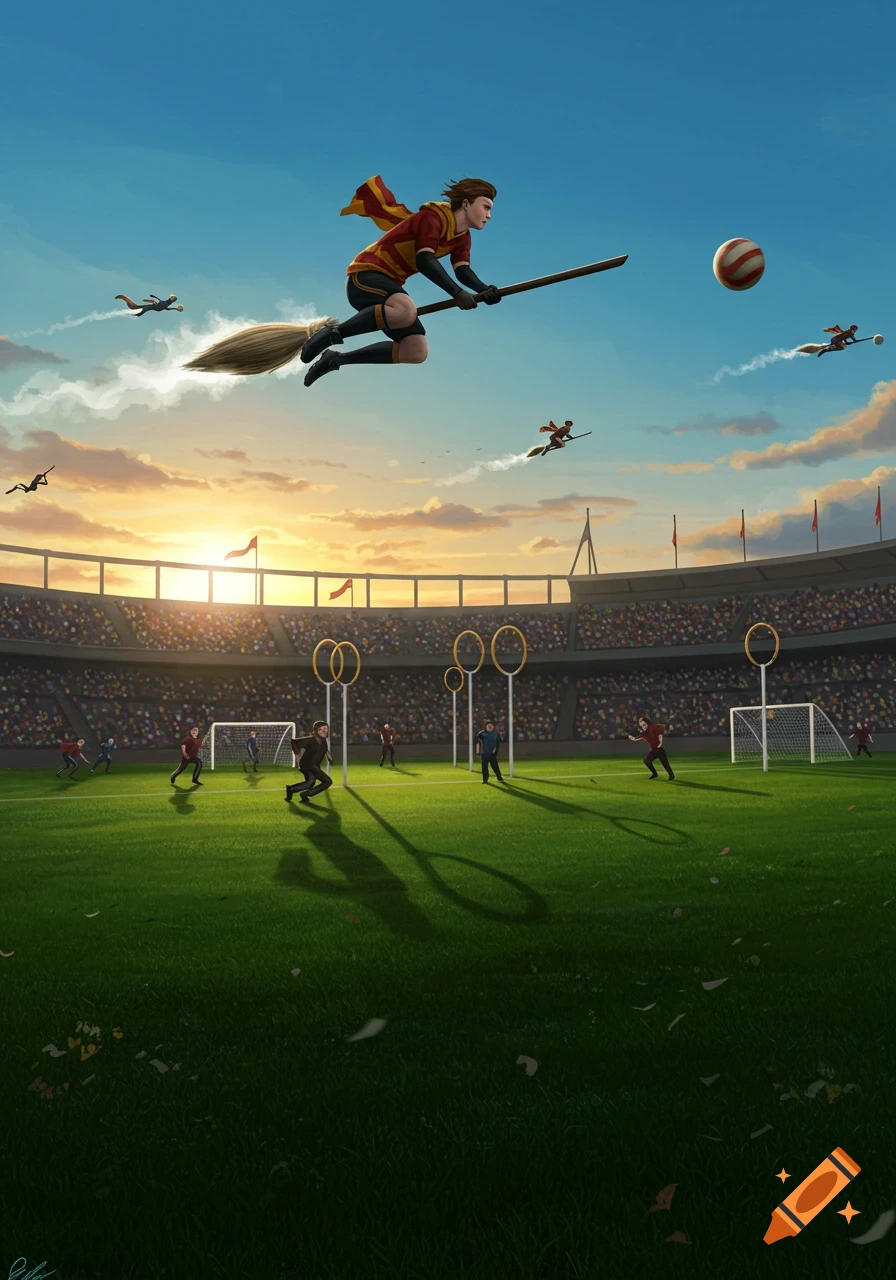 A Quidditch player flies on a broomstick with a ball in a stadium during a sunset match, with other players below and in the sky.