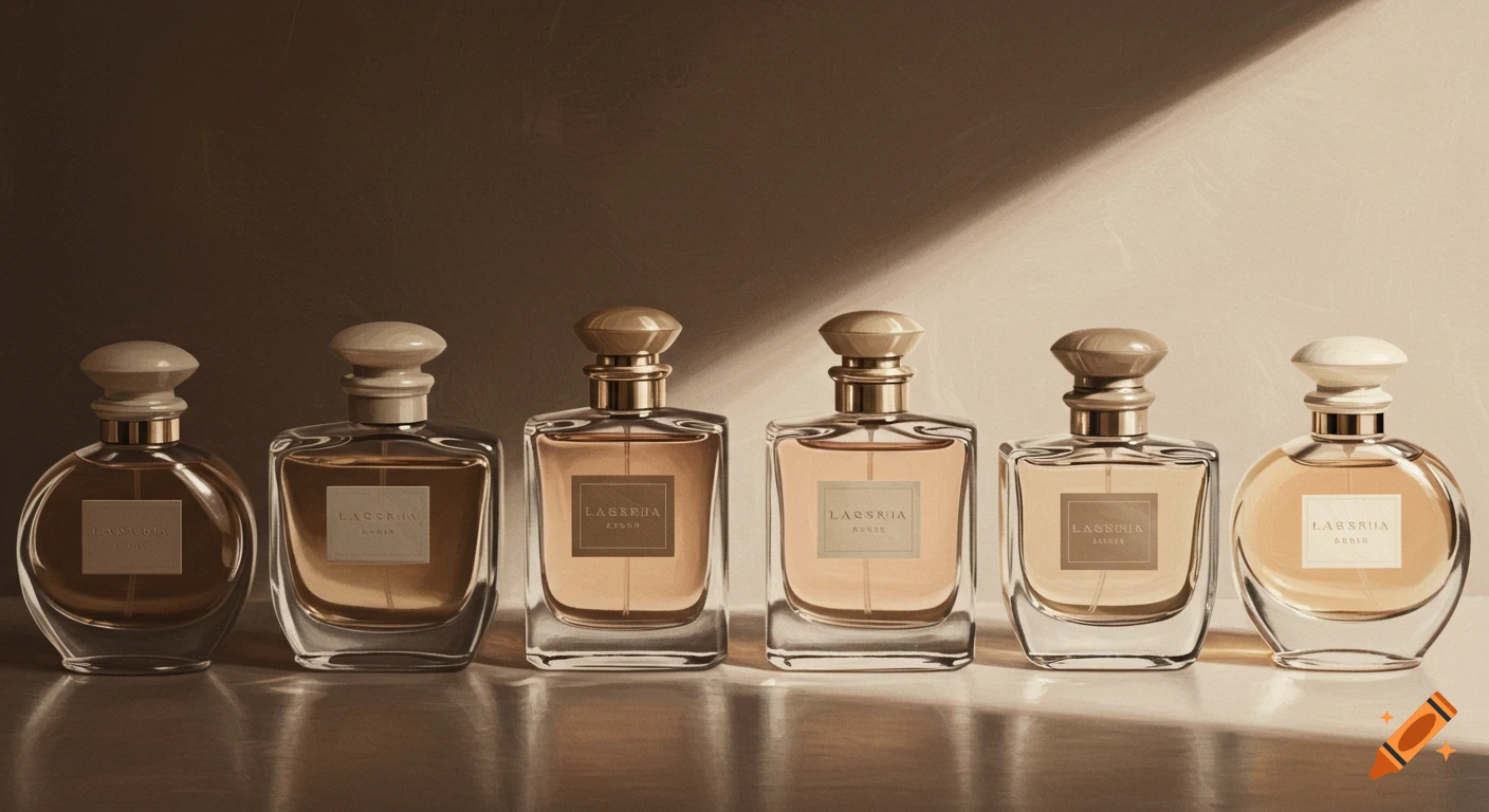 Six elegant perfume bottles with gold accents and warm amber liquid, arranged on a luxurious surface, with a diagonal beam of light.