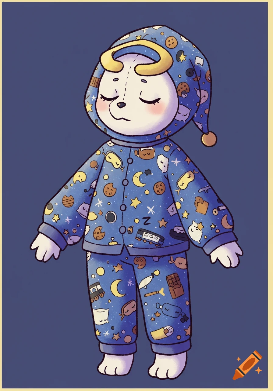 Cartoon mascot Dreamsey in blue pajamas with stars, moons, and sleep-themed patterns, with sleepy eyes.