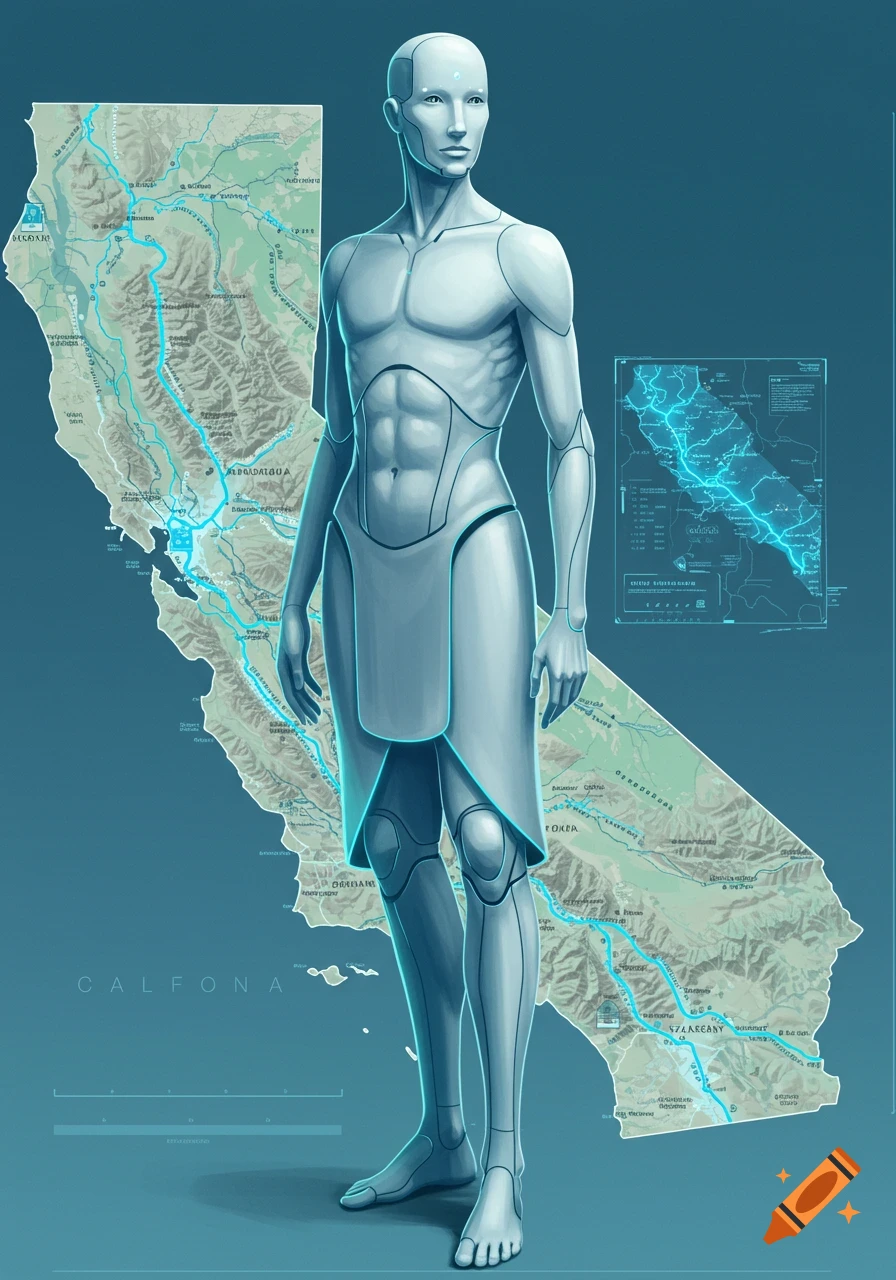 An AI humanoid robot with a metallic body stands in front of a stylized map of California with glowing blue water channels, in a futuristic illustration.