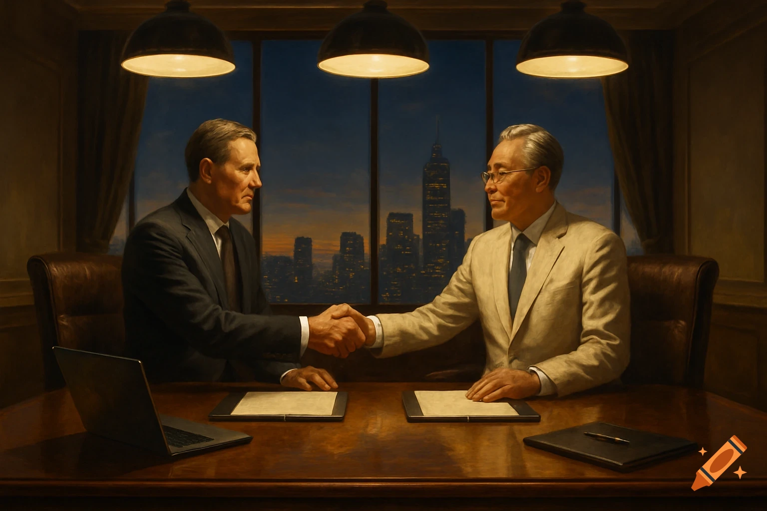 Two businessmen shake hands across a desk in a dimly lit office, with a cityscape visible through a large window at dusk.