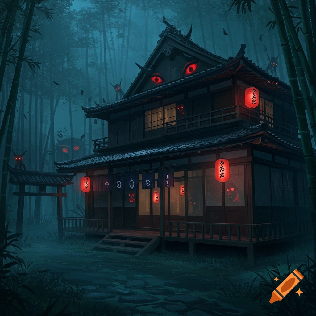 A dark, eerie Japanese house with glowing red eyes and horns on its roof, surrounded by bamboo forest. Small demon figures with red eyes lurk in the shadows, and red lanterns hang from the house.