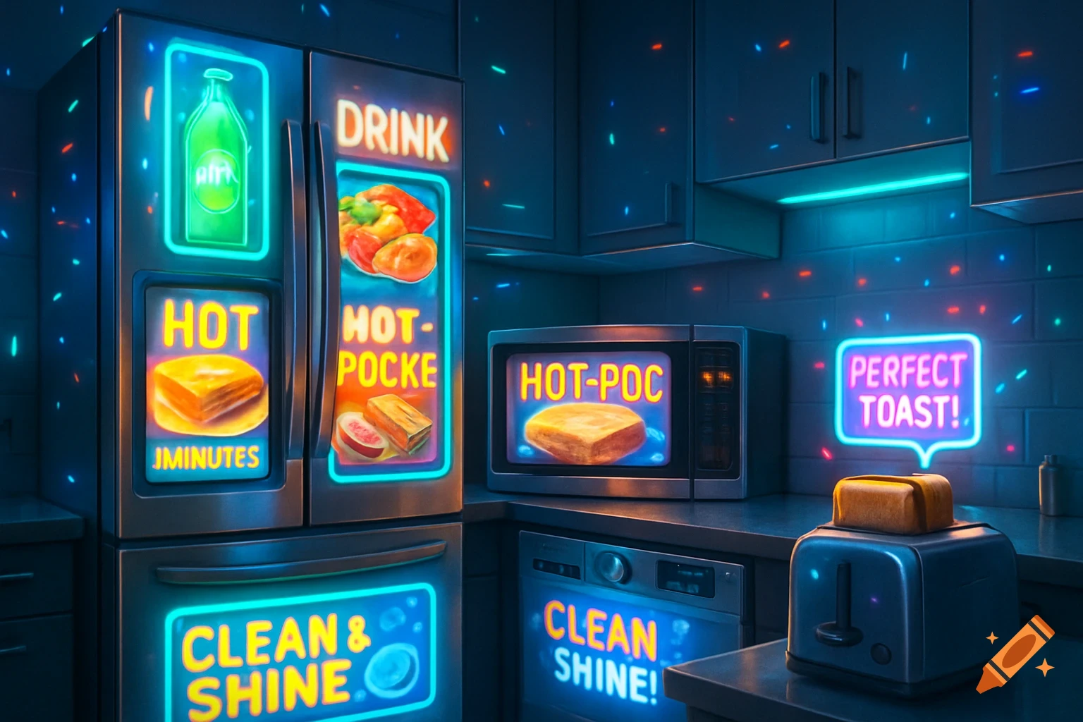 A dark, neon-lit kitchen with a refrigerator, microwave, and toaster displaying glowing advertisements in a futuristic style.