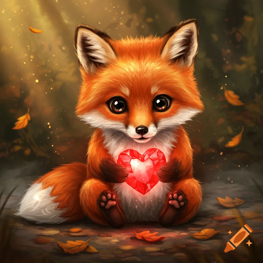 A cute, cartoonish fox with large eyes sits on a forest floor, holding a glowing red heart gem, surrounded by autumn leaves.