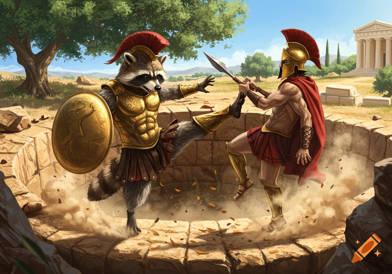 An anthropomorphic raccoon in gold hoplite armor kicks a Spartan warrior into a stone pit, with ancient Greek ruins in the background.
