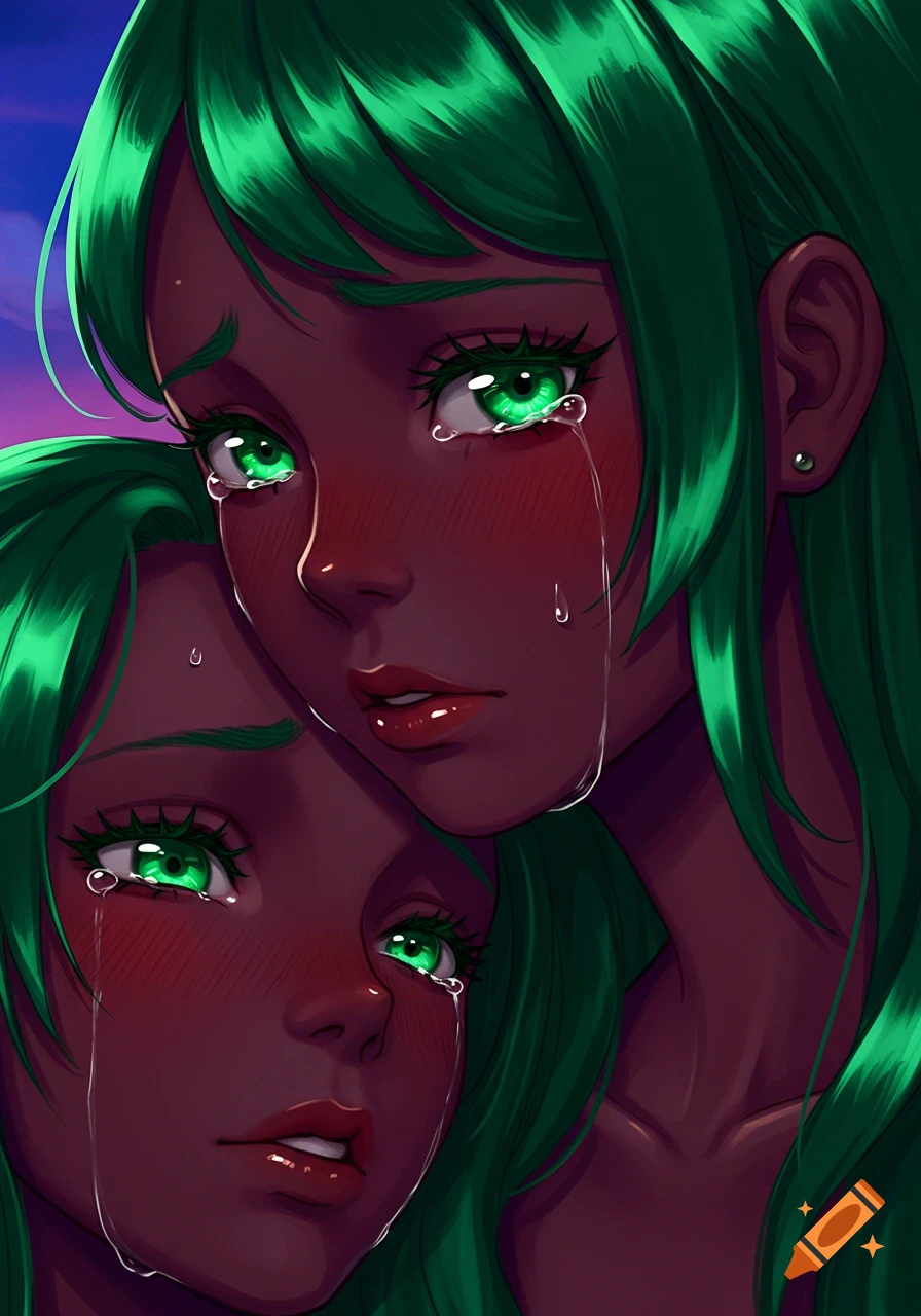 Close-up of two dark-skinned anime girls with green hair and sparkling green eyes, crying against a gradient background.