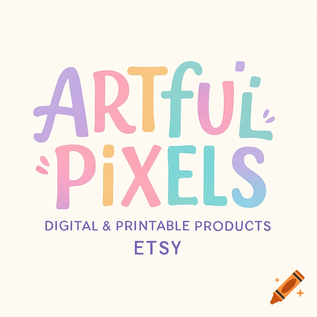 A pastel-colored logo for 'Artful Pixels' with text 'Digital & Printable Products Etsy' below it, on a light background.