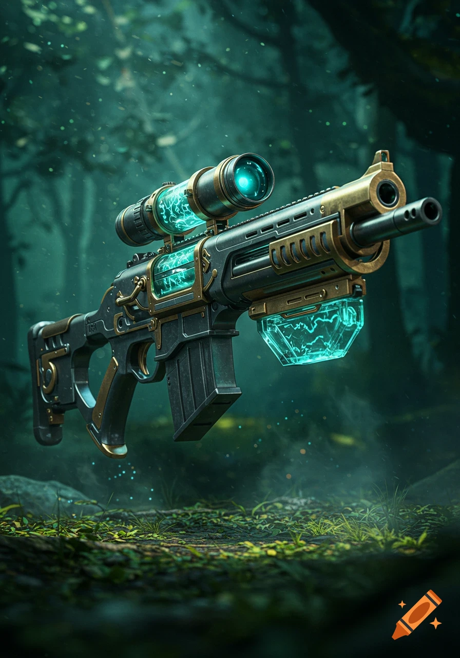 A futuristic carbine with glowing teal energy components and a scope floats in a dark, misty forest.