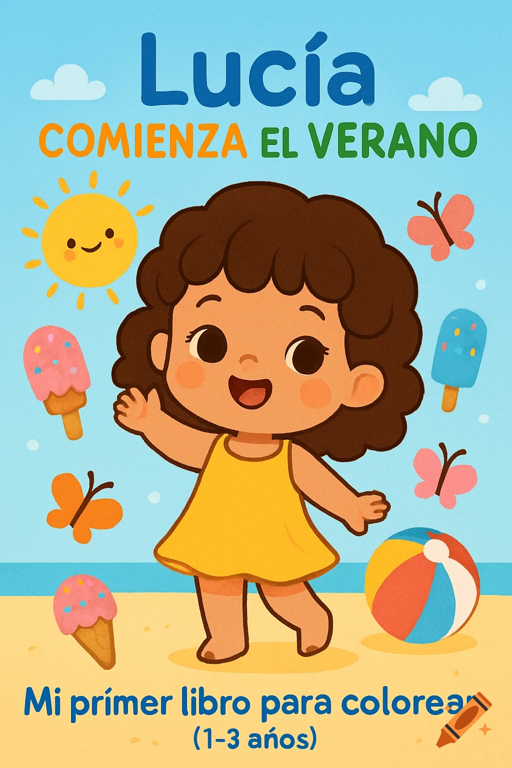 A cheerful kawaii illustration of a child on a beach surrounded by summer items, with text 'Lucía comienza el verano'.