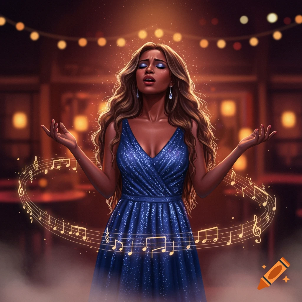 An illustrated woman with long wavy hair in a sparkling blue dress sings with closed eyes, surrounded by glowing musical notes in a dimly lit venue.