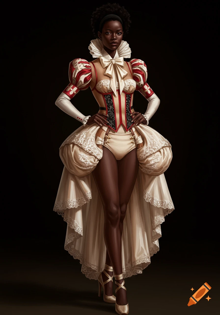 Dark-skinned woman in an elaborate white, red, and gold avant-garde costume with a ruffled collar, corset, and flowing skirt.