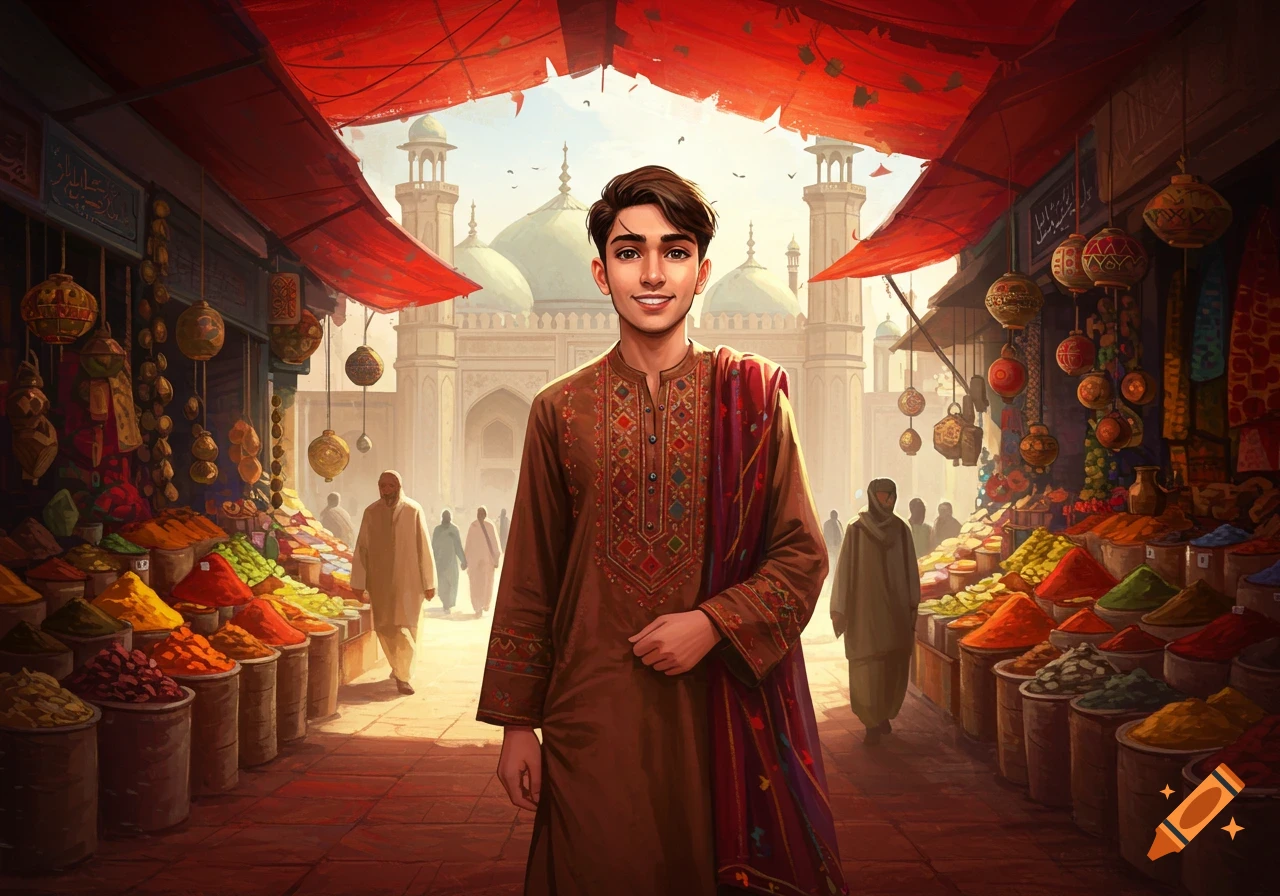 A young man in traditional Pakistani attire smiles while standing in a bustling market with colorful spice stalls and a mosque in the background.