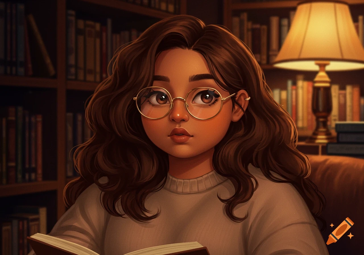 An illustration of a girl with wavy brown hair and glasses reading a book in a dimly lit library.
