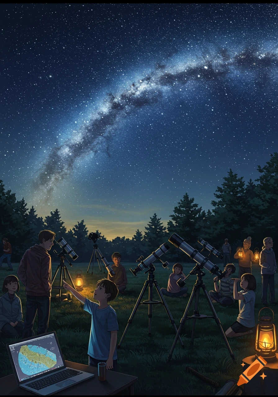 An illustrated scene of an astronomy club stargazing at night, with multiple telescopes and a laptop, under a clear sky showing the Milky Way.
