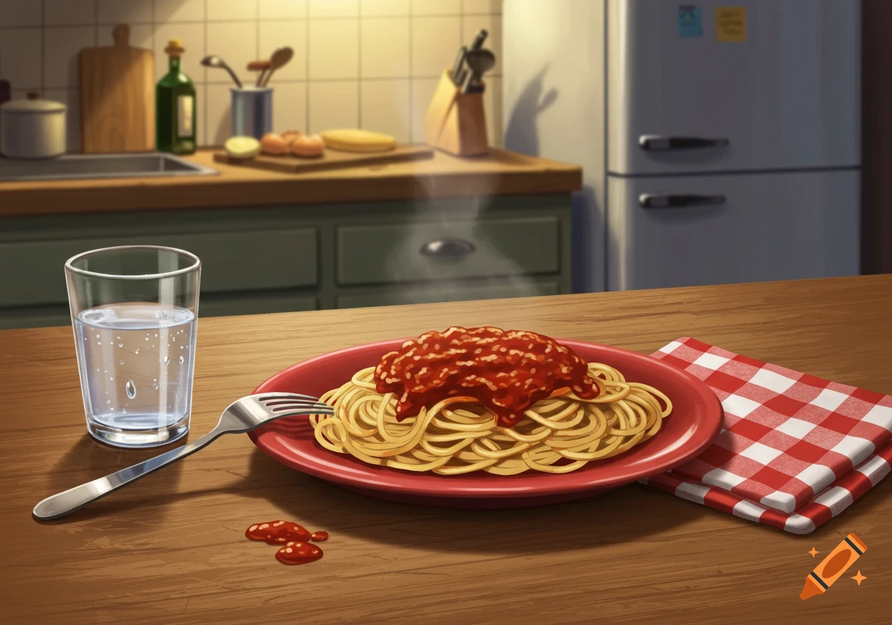 An illustration of a plate of spaghetti with tomato sauce, a fork, a glass of water, and a checkered napkin on a wooden kitchen table.