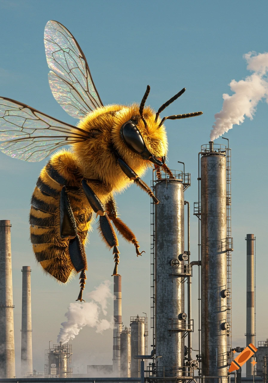 A giant photorealistic honeybee hovers next to a chemical plant with smokestacks under a blue sky.