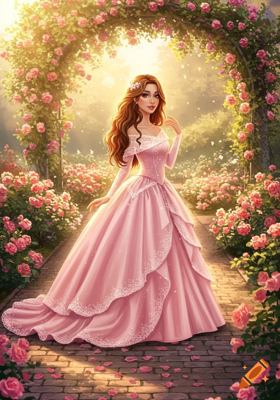 Digital illustration of a beautiful princess in a pink gown with long brown hair, standing in a magical rose garden under a floral archway.