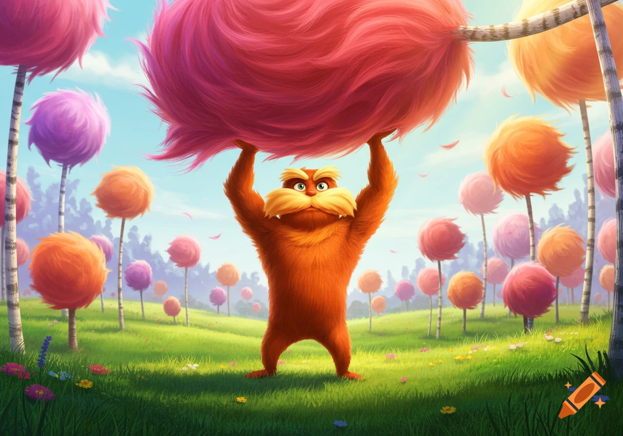 A muscular, orange Lorax lifts a large pink Truffula tree overhead in a vibrant, colorful cartoon forest.